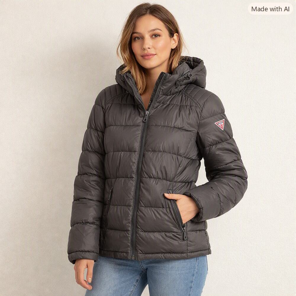 GUESS hooded puffer jacket Gray Size Small  Removable Hood